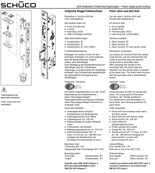 Schüco Antipanik Riegel-Fallenschloss, 241 974, ADS nach außen RS, mit Panikfunktion E