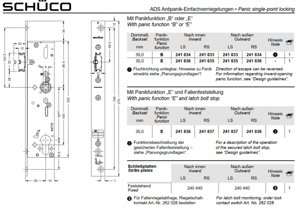 Schüco Antipanik Riegel-Fallenschloss selbstverriegelnd, 241 835, ADS, nach innen RS, mit Panikfunktion E
