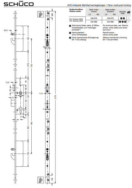 Schüco Antipanik Schwenkhaken-Bolzenschloss, Mehrfachverriegelung, 241 444, nach innen LS, Dornmaß 34,0 mm, Panikfunktion B