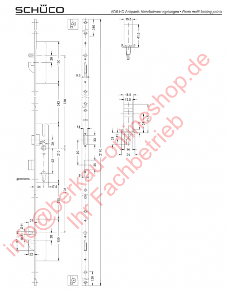 Schüco Antipanik E, Schwenkriegel-Bolzenschloss, Mehrfachverriegelung, 211641, Dornmaß 34,0 mm