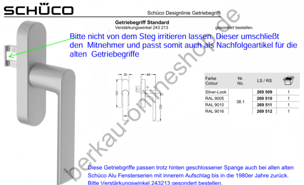 Schüco Getriebegriff Standard abschließbar, 269513, Silber Look, 269513