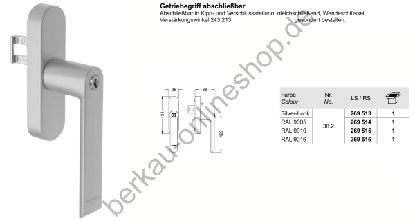 Schüco Getriebegriff Standard abschließbar, 269515, RAL9010 (Reinweiß), 269515