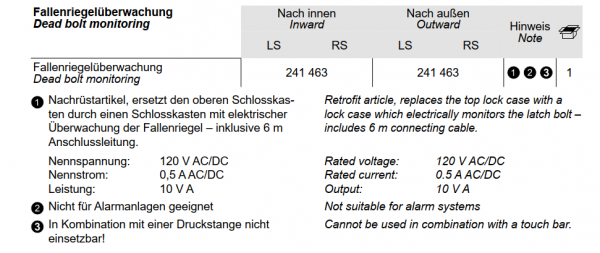 Schüco Fallenriegelüberwachung für 4 Riegel-Fallenschloss SafeMatic, ADS Antipanik Mehrfachverriegelungen, 241 463