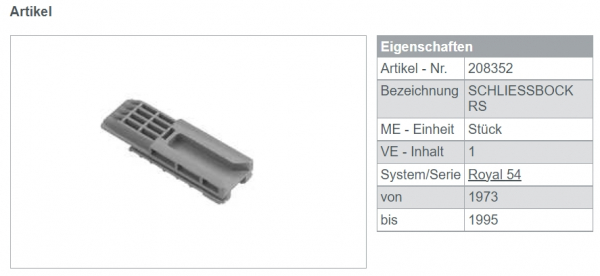 Schüco Schliessbock rechts, 208352, Systembeschlag Profilserie Royal 54