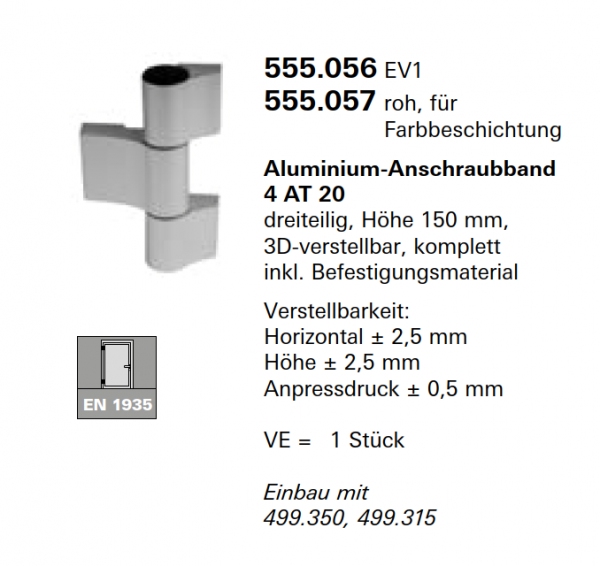 Schüco Jansen Aluminium-Anschraubband 4 AT 20 dreiteilig, Höhe 150 mm, Artikelnummer 555.056, EV1, Janisol HI Türen