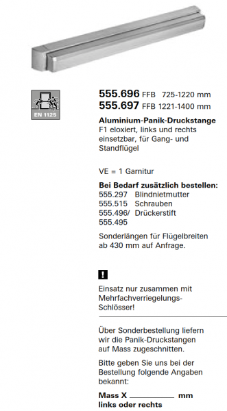 Schüco Jansen Aluminium-Panik-Druckstange F1 eloxiert, FFB 725, Artikelnummer 555.696, Janisol HI Türen