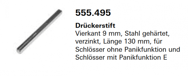 Schüco Jansen Drückerstift Vierkant 9 mm, Stahl gehärtet, verzinkt, Länge 130 mm, Artikelnummer 555.495, Janisol HI Türen