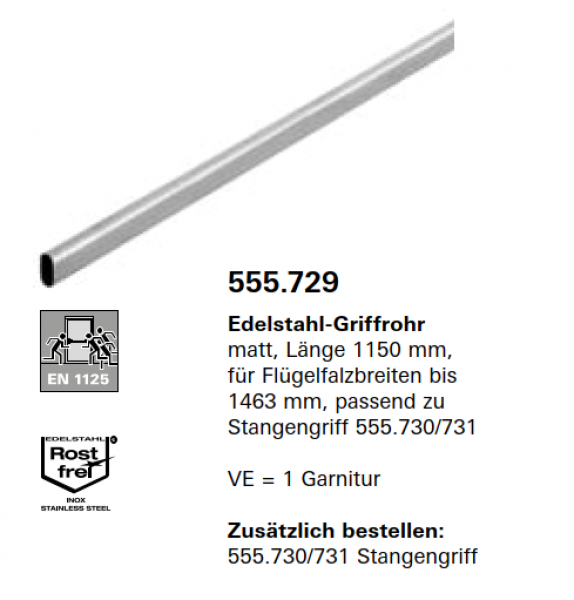 Schüco Jansen Edelstahl-Griffrohr matt, Länge 1150 mm, Artikelnummer 555.729