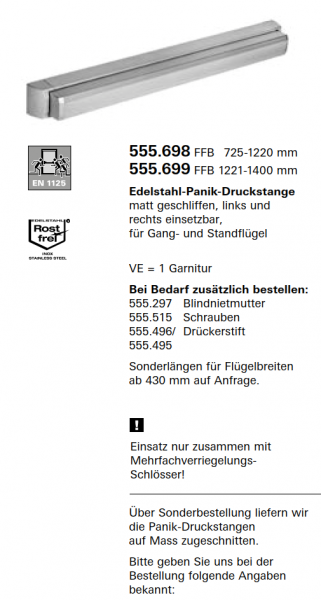 Schüco Jansen Edelstahl-Panik-Druckstange matt geschliffen, FFB 1221, Artikelnummer 555.699, Janisol HI Türen