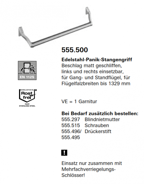 Schüco Jansen Edelstahl-Panik-Stangengriff Beschlag matt geschliffen, Artikelnummer 555.500, Janisol HI Türen