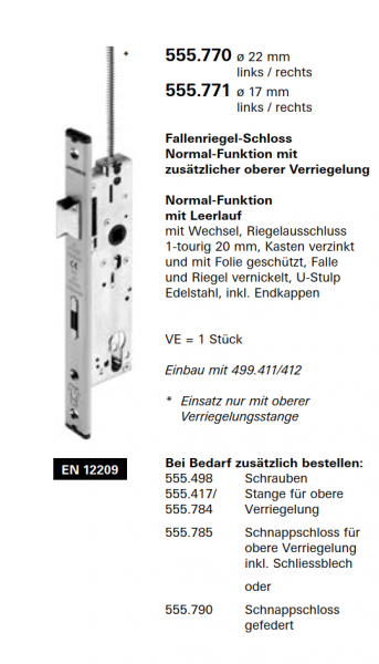 Schüco Jansen Fallenriegel-Schloss, Normale Funktion mit Verriegelung, Jansen Artikelnummer 555.770 ø 22 mm links-rechts, Janisol HI Türen