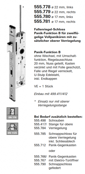 Schüco Jansen Fallenriegel-Schloss Panik-Funktion B, Artikelnummer 555.779 ø 22 mm rechts, Janisol HI Türen