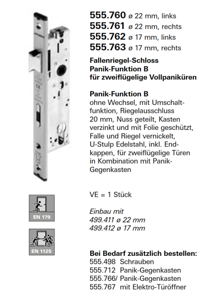 Schüco Jansen Fallenriegel-Schloss, Panik-Funktion B, Jansen Artikelnummer 555.761 ø 22 mm rechts, Zubehör Janisol HI Türen