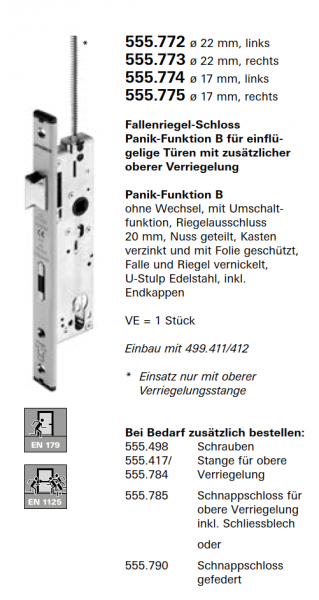 Schüco Jansen Fallenriegel-Schloss Panik-Funktion B, Artikelnummer 555.773 ø 22 mm rechts, Janisol HI Türen