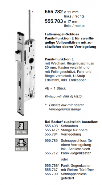 Schüco Jansen Fallenriegel-Schloss Panik-Funktion E, Artikelnummer 555.783 ø 17mm links/rechts, Janisol HI Türen