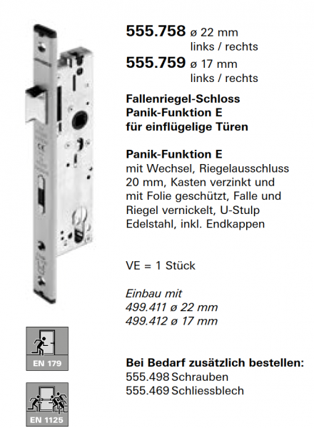 Schüco Jansen Fallenriegel-Schloss, Panik-Funktion E, Jansen Artikelnummer 555.758 ø 22 mm links-rechts, Zubehör Janisol HI Türen