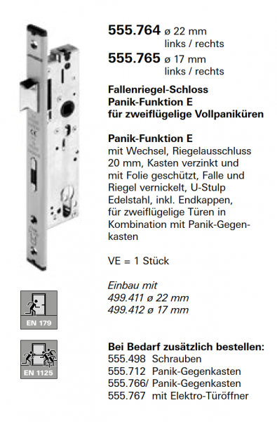 Schüco Jansen Fallenriegel-Schloss, Panik-Funktion E, Jansen Artikelnummer 555.764 ø 22 mm links-rechts, Zubehör Janisol HI Türen