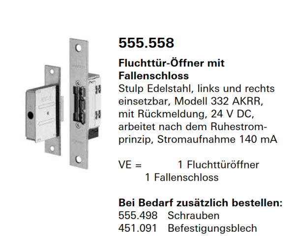 Schüco Jansen Fluchttür-Öffner mit Fallenschloss Stulp Edelstahl, Artikelnummer 555.558, links und rechts einsetzbar