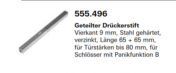 Schüco Jansen Geteilter Drückerstift Vierkant 9 mm, länge 65-65 mm Artikelnummer 555.496, Janisol HI Türen