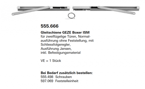 Schüco Jansen Gleitschiene GEZE Boxer ISM für zweiflügelige Türen, Artikelnummer 555.666, Janisol HI Türen