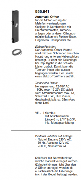 Schüco Jansen Janisol HI Türen, Automatik-Öffner für die Motorisierung der Mehrfachverriegelungen, Artikelnummer 555.641