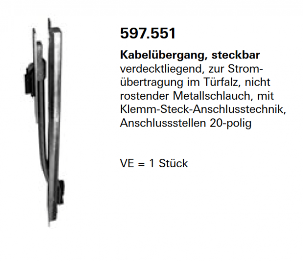 Schüco Jansen Janisol HI Türen, Kabelübergang, steckbar verdecktliegend, zur Stromübertragung 20-polig, Artikelnummer 597.551