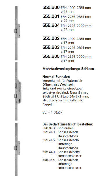 Schüco Jansen Janisol HI Türen, Mehrfachverriegelungs-Schloss Normal-Funktion, Artikelnummer 555.604, FFH 2686 mm