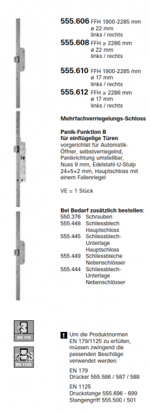 Schüco Jansen Janisol HI Türen, Mehrfachverriegelungs-Schloss Panik-Funktion B, Artikelnummer 555.610, FFH 1900 mm ø 17 mm