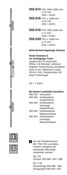 Schüco Jansen Janisol HI Türen, Mehrfachverriegelungs-Schloss Panik-Funktion E, Artikelnummer 555.614, FFH >2286mm ø 22 mm