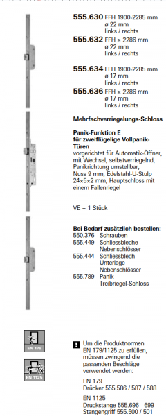 Schüco Jansen Janisol HI Türen, Panik-Funktion E für zweiflügelige Vollpanik- Türen, Artikelnummer 555.630, FFH 1900 mm ø 22 mm