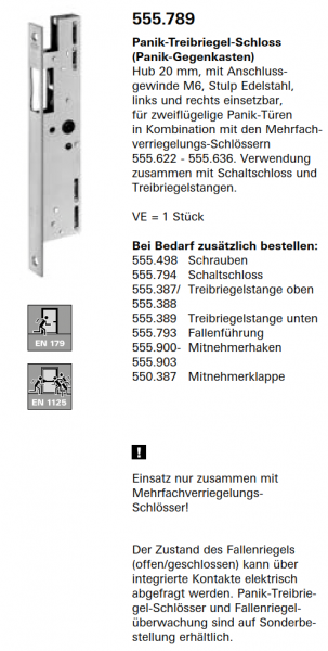 Schüco Jansen Janisol HI Türen, Panik-Treibriegel-Schloss (Panik-Gegenkasten), Artikelnummer 555.789