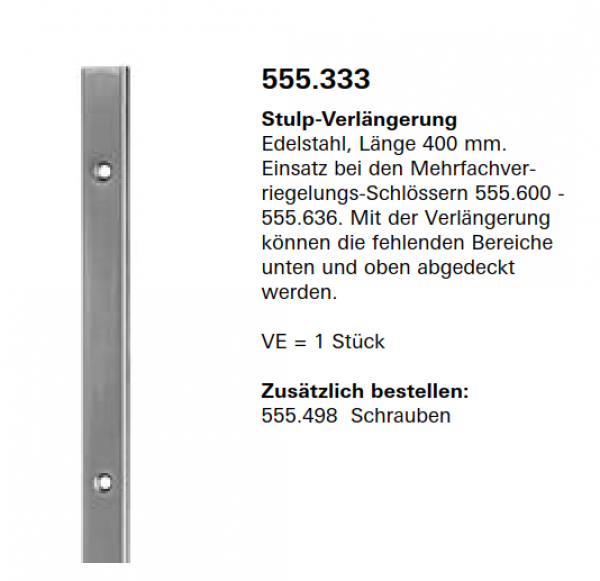 Schüco Jansen Janisol HI Türen, Stulp-Verlängerung Edelstahl, Länge 400 mm, Mehrfachverriegelungen, Artikelnummer 555.333