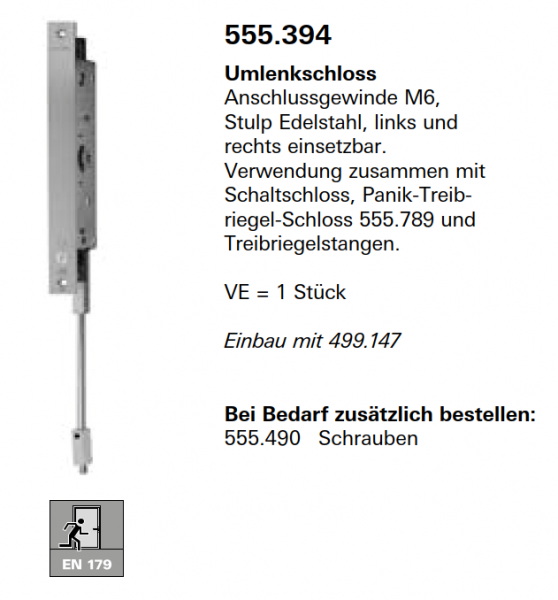 Schüco Jansen Janisol HI Türen, Umlenkschloss Anschlussgewinde M6, Artikelnummer 555.394