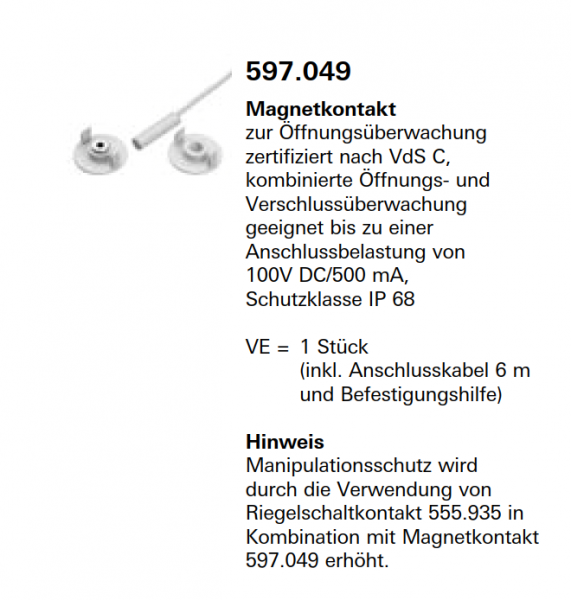 Schüco Jansen Magnetkontakt zur Öffnungsüberwachung zertifiziert nach VdS C, Artikelnummer 597.049, Janisol HI Türen