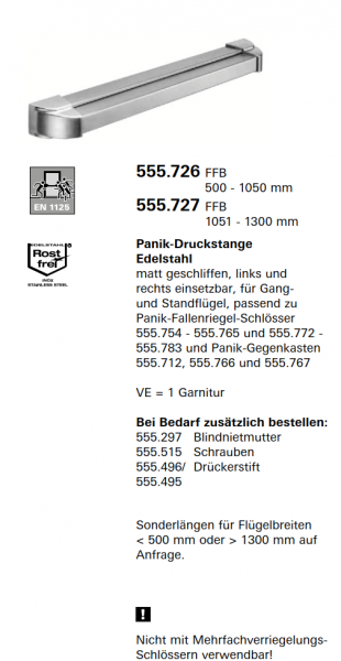 Schüco Jansen Panik-Druckstange Edelstahl matt geschliffen, Artikelnummer 555.727, links und rechts einsetzbar