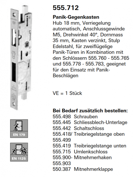 Schüco Jansen Panik-Gegenkasten Hub 18 mm, Verriegelung automatisch, Artikelnummer 555.712