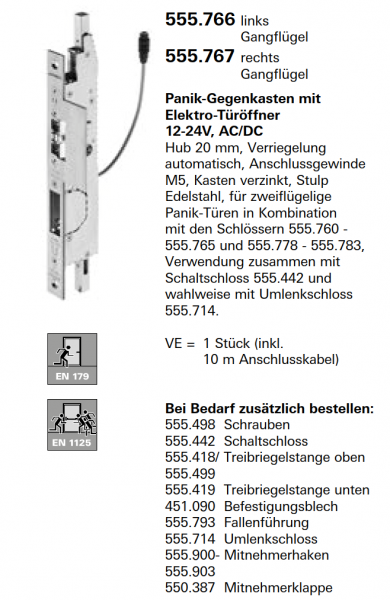 Schüco Jansen Panik-Gegenkasten mit  Elektro-Türöffner 12-24V, AC/DC, Artikelnummer 555.796, rechts Gangflügel