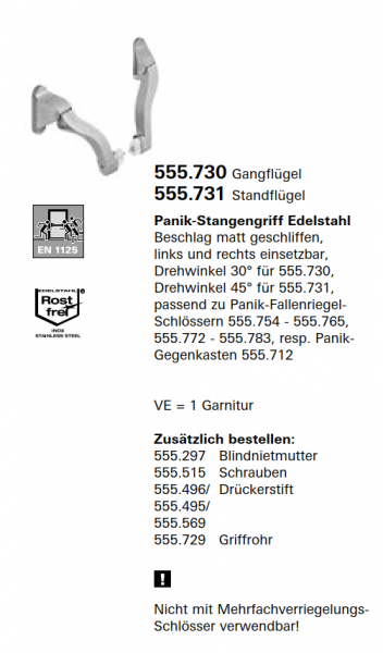 Schüco Jansen Panik-Stangengriff Edelstahl Beschlag matt geschliffen, Artikelnummer 555.730, links und rechts einsetzbar