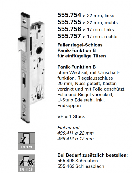 Schüco Jansen Rollenfallen-Schloss, Panik-Funktion B, Jansen Artikelnummer 555.757 ø 17mm rechts, Zubehör Janisol HI Türen