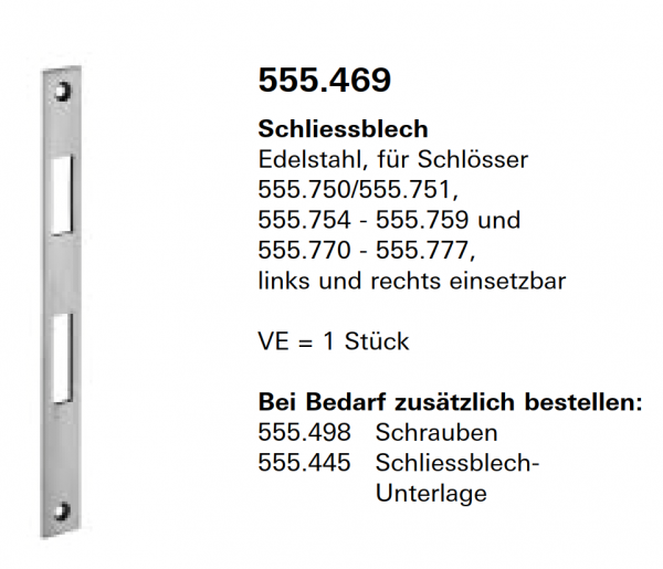 Schüco Jansen Schliessblech Edelstahl, ür Rollfallen- Schlösser, Artikelnummer 555.470, links und rechts einsetzbar