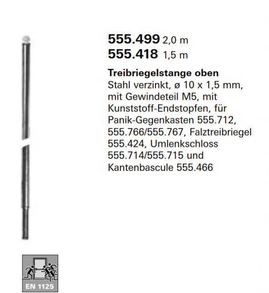 Schüco Jansen Treibriegelstange oben Stahl verzinkt, ø 10 x 1,5 mm, 1,5 Meter mit Gewindeteil M5, Artikelnummer 555.418