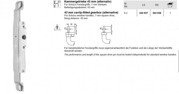 Schüco Kammergetriebe 43 mm  LSfür Aluminium Fenster Alte Nr. 219899 LS Neue Nr. 243037LS