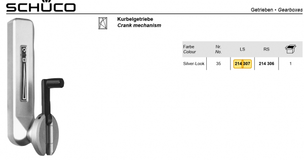 Schüco, Kurbelgetriebe, KDK-Grundbeschlag (DK) 200 kg, DIN links verwendbar, 214 307,LS