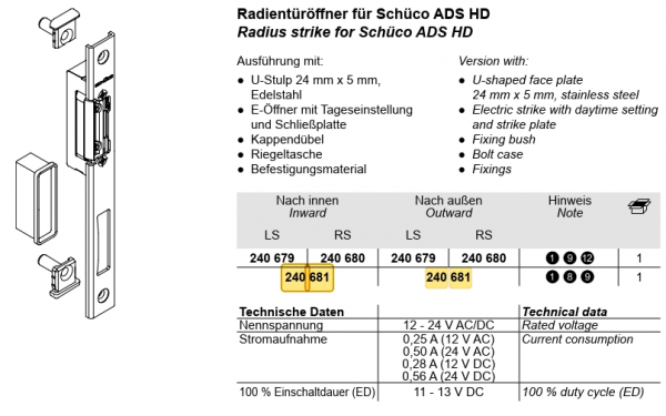 Schüco Radientüröffner für Schüco, 240 681, RS/LS, ADS HD