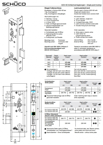 Schüco Riegel-Fallenschloss, 279 499, L/R, ADS HD Einfachverriegelungen