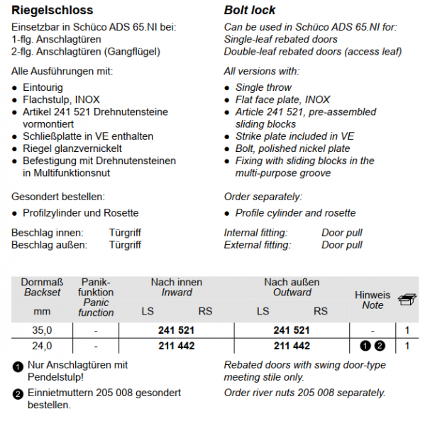 Schüco Riegelschloss, 241 521, ADS 65.NI