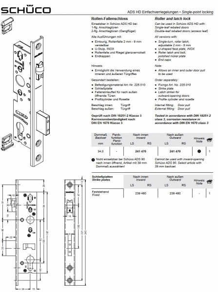 Schüco Rollen-Fallenschloss, 241 470 , L/R, ADS HD Einfachverriegelungen