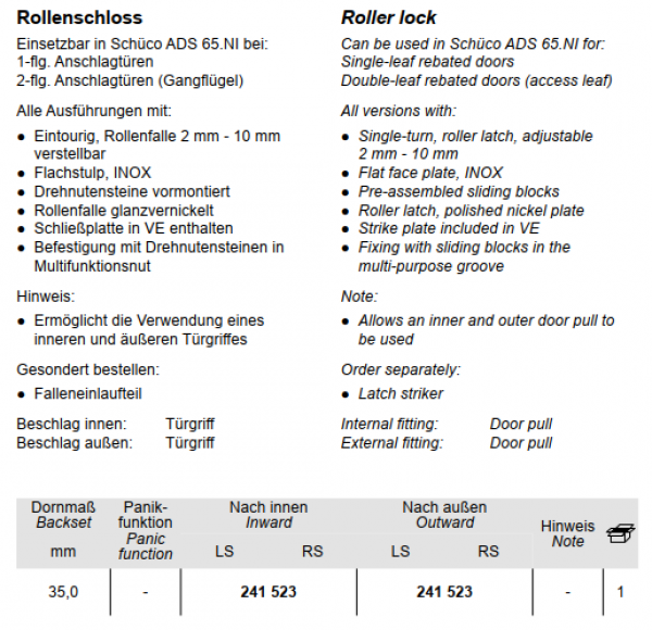 Schüco Rollenschloss, 241 523, ADS 65.NI