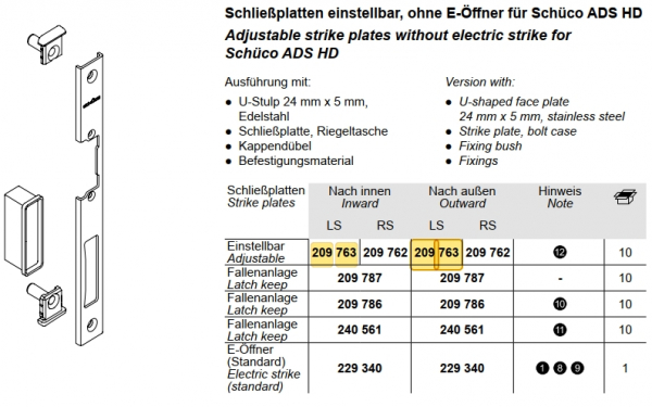 Schüco Schließplatten einstellbar, ohne E-Öffner für Schüco, LS, 209 763, ADS HD