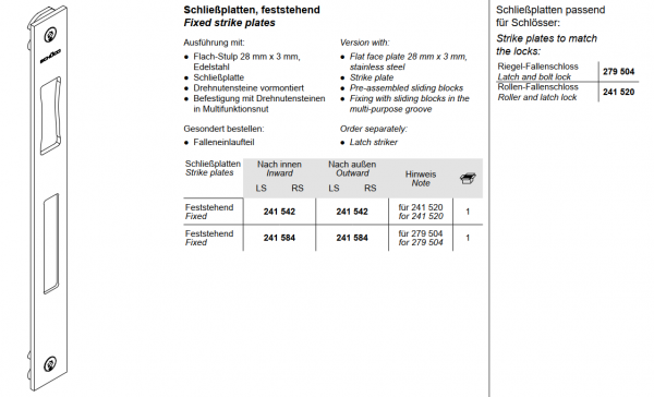 Schüco Schließplatten, feststehend, 241 584, für Schüco ADS 65.NI
